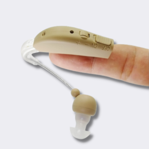 Pair of Mini BTE-27 Behind The Ear Rechargeable Hearing Aid with human finger